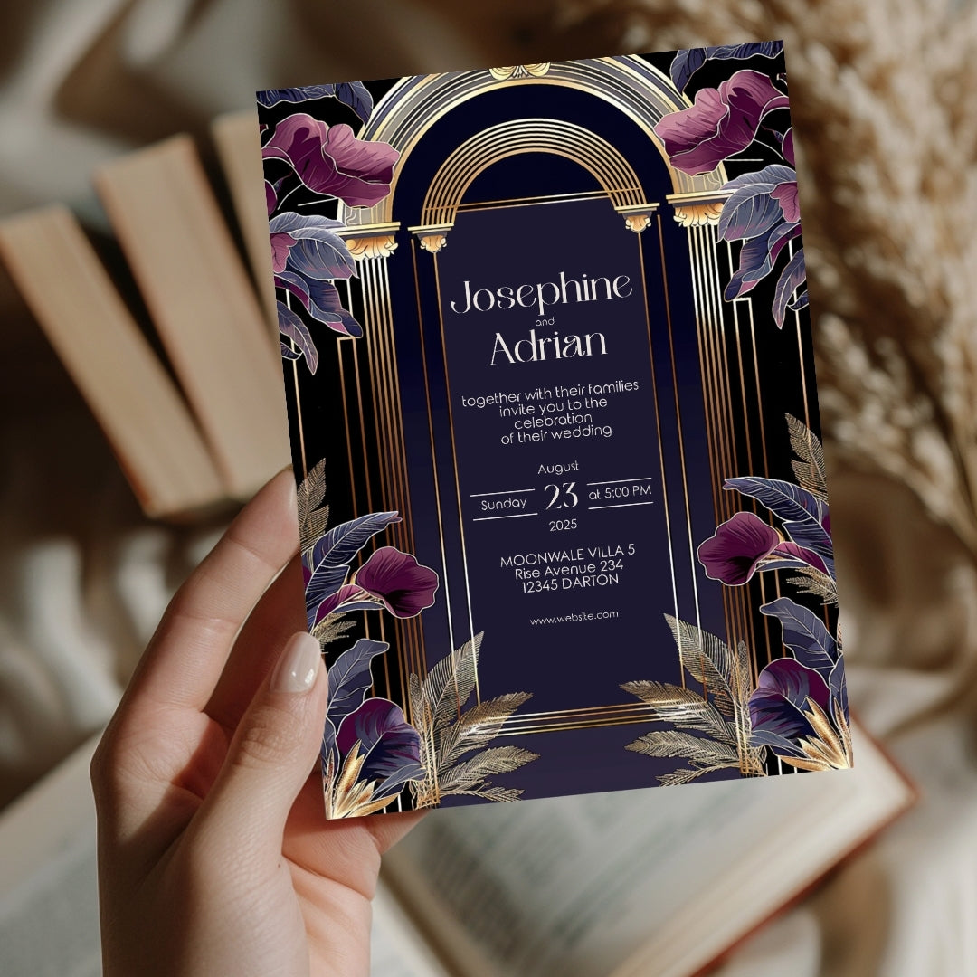 Dark Blue and Purple Art Deco Wedding Invitation