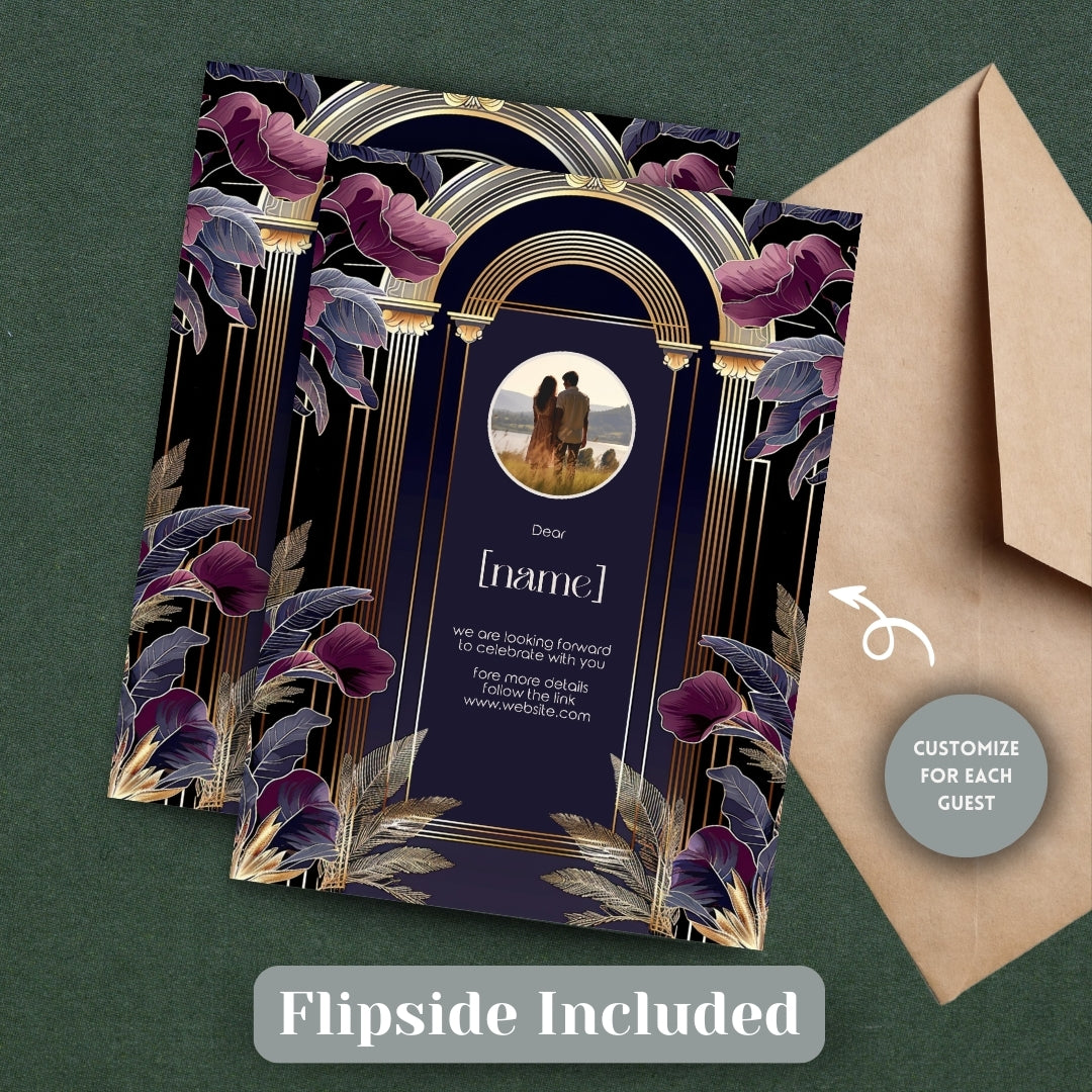 Dark Blue and Purple Art Deco Wedding Invitation