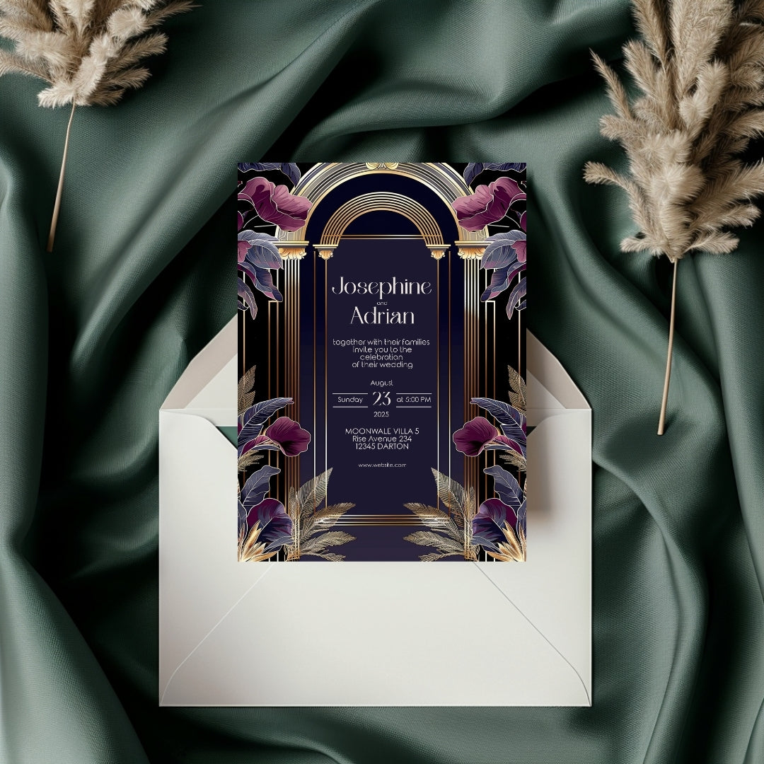 Dark Blue and Purple Art Deco Wedding Invitation