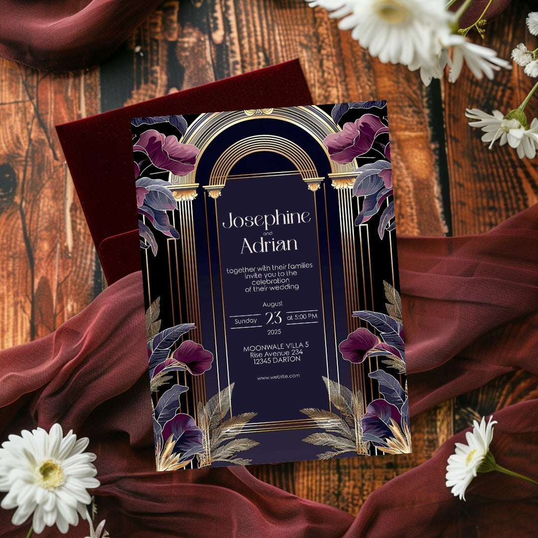 Dark Blue and Purple Art Deco Wedding Invitation