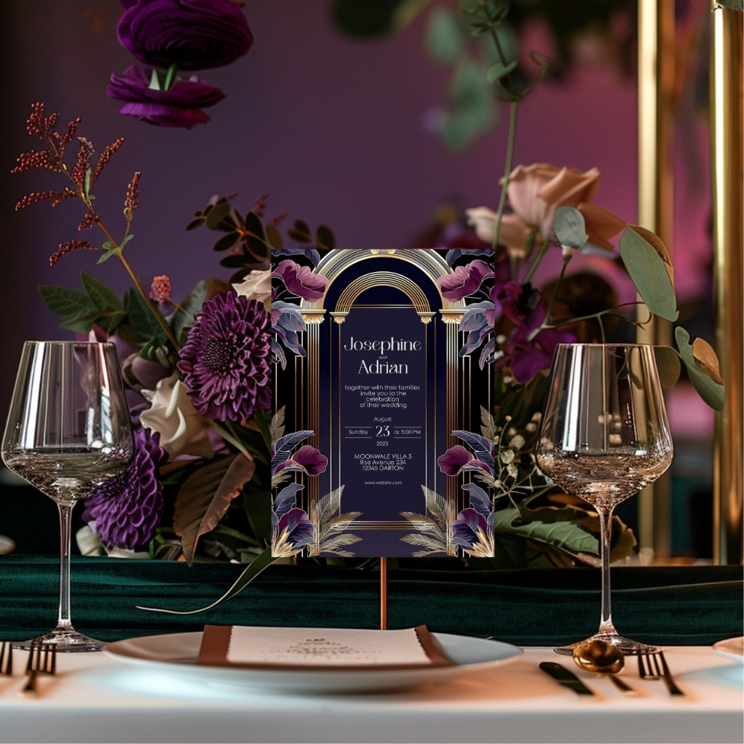 Dark Blue and Purple Art Deco Wedding Invitation
