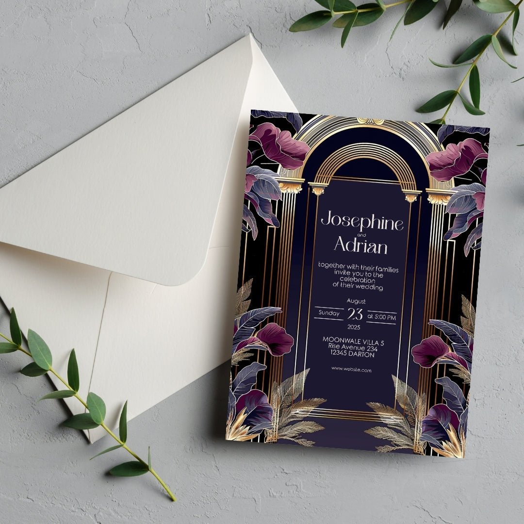 Dark Blue and Purple Art Deco Wedding Invitation
