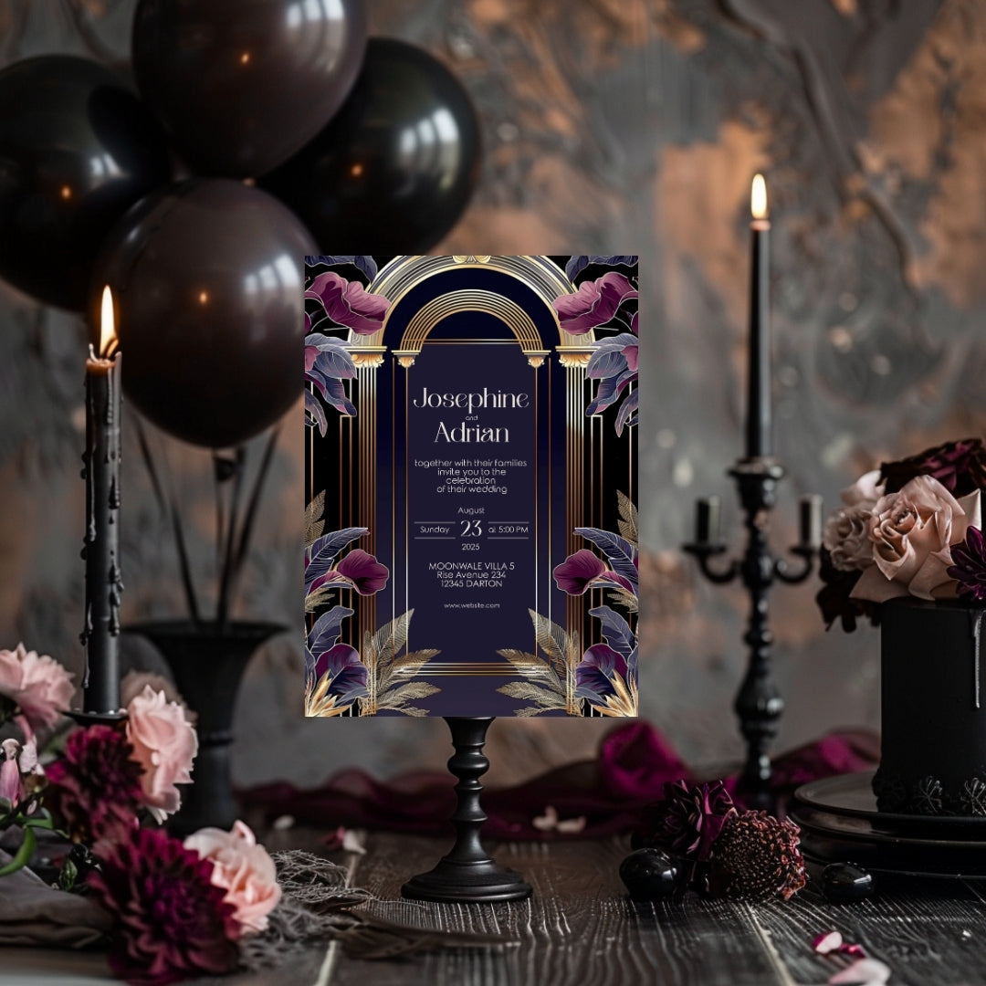Dark Blue and Purple Art Deco Wedding Invitation