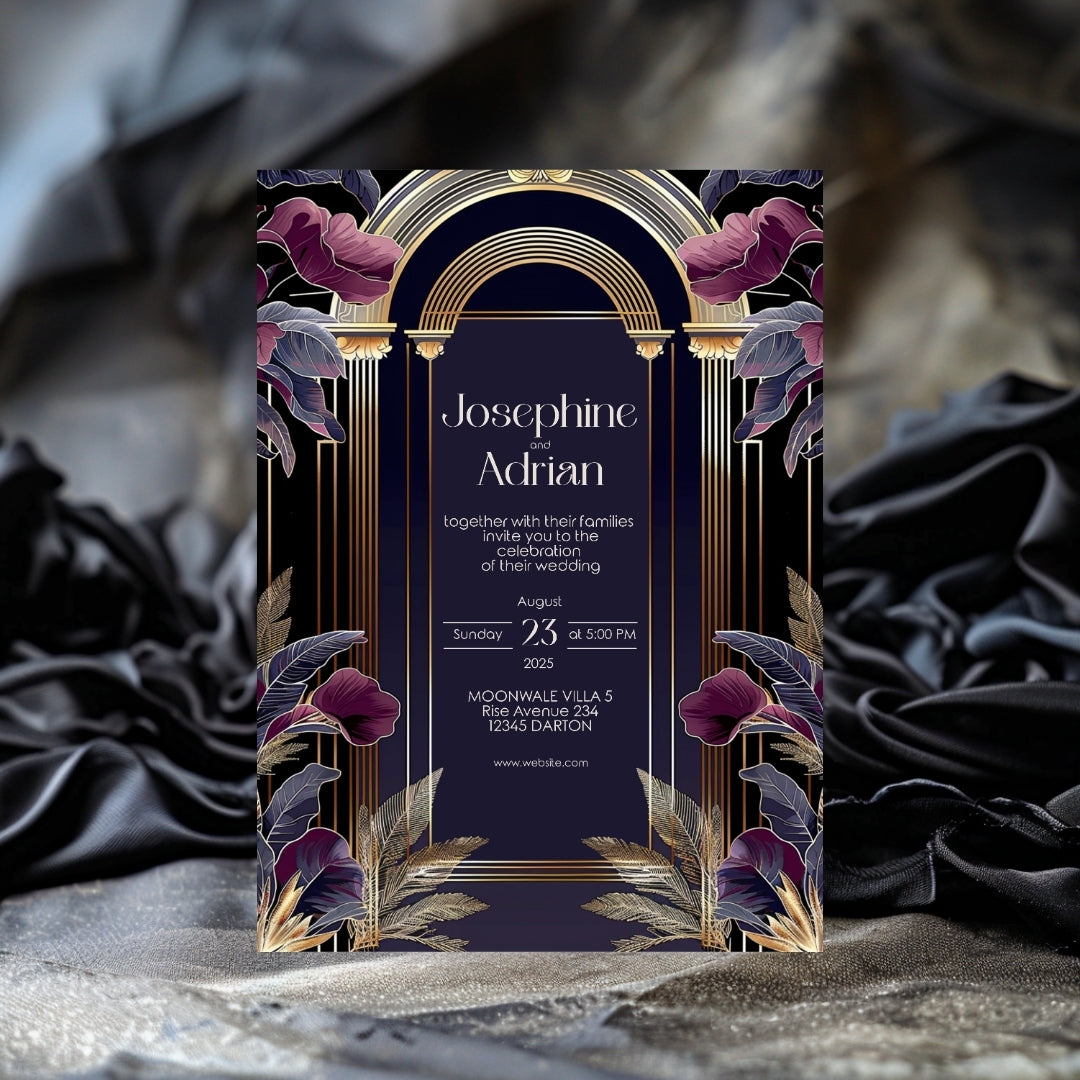 Dark Blue and Purple Art Deco Wedding Invitation