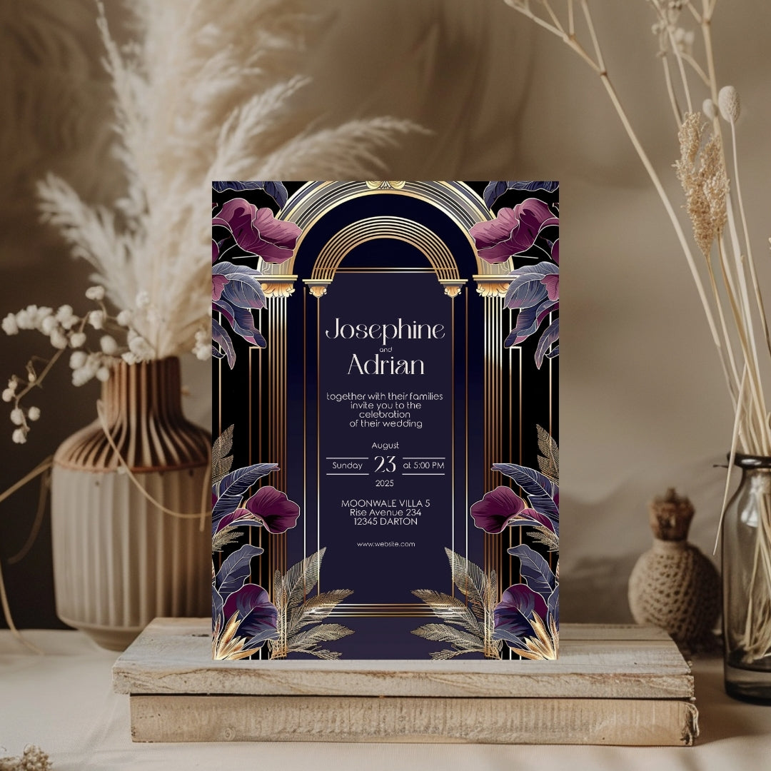 Dark Blue and Purple Art Deco Wedding Invitation