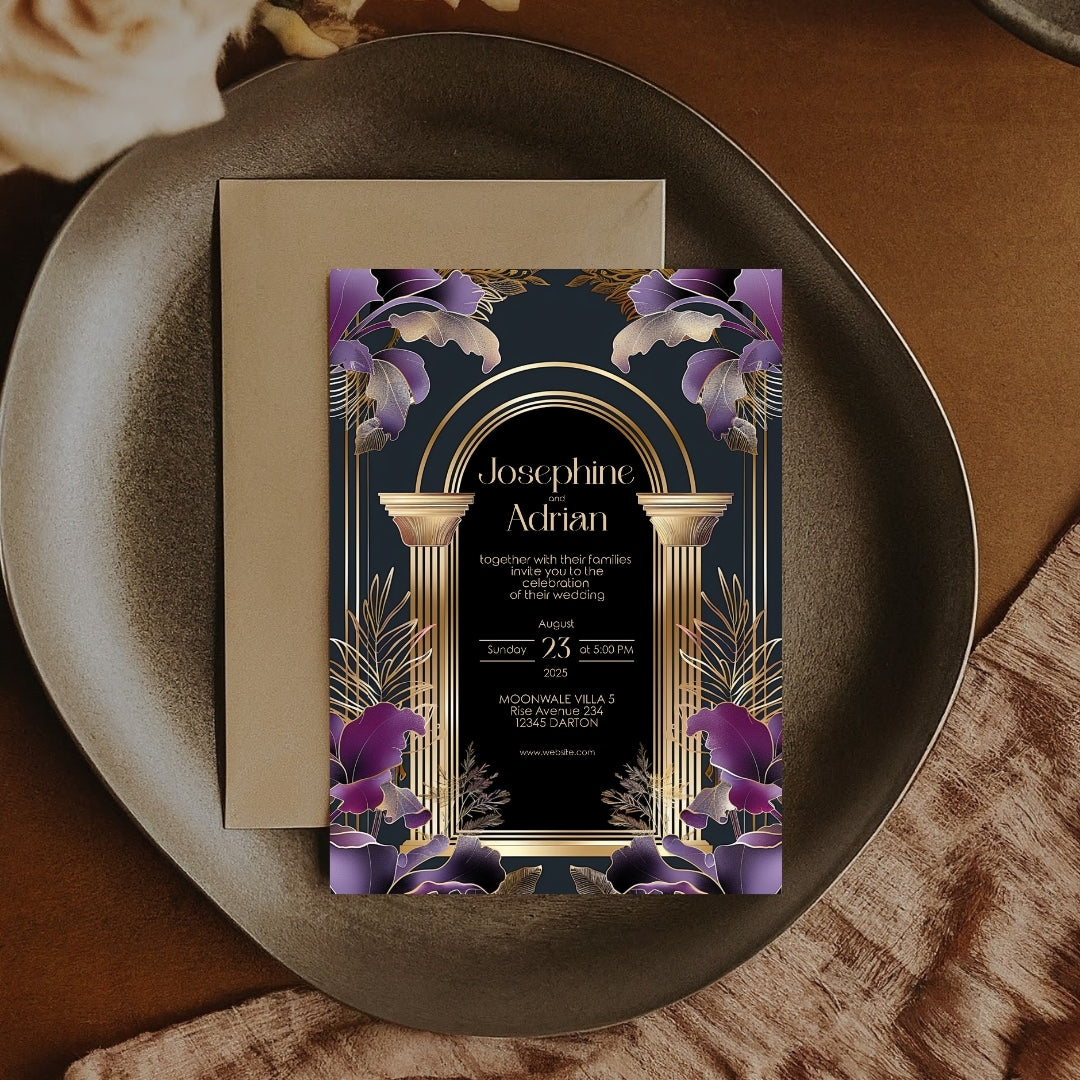 Dark Green Roman Gold Arch Art Deco Wedding Invitation