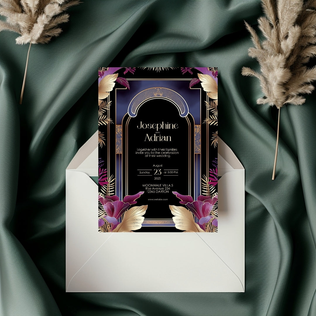 Blue Floral Oriental Arch Art Deco Wedding Invitation