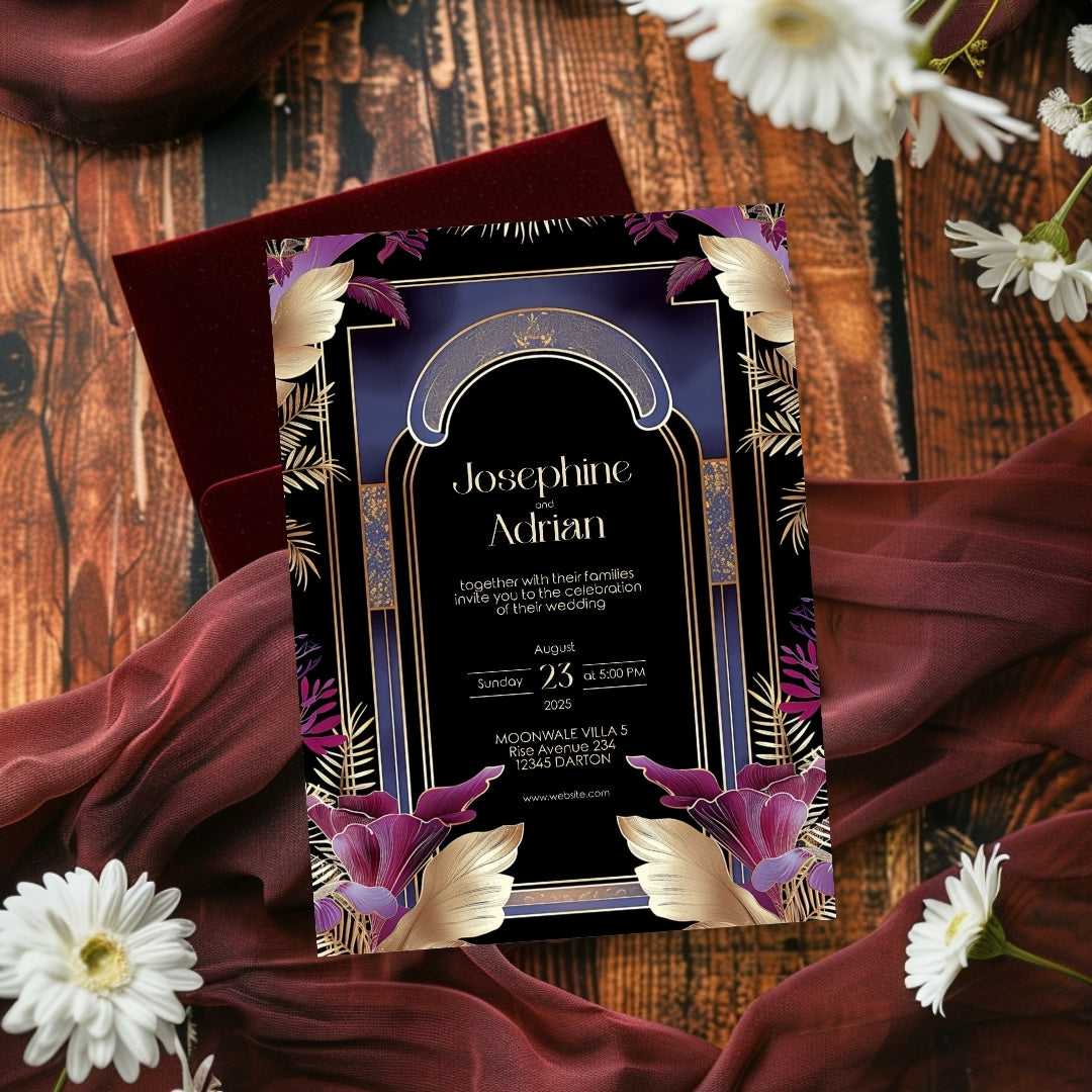 Blue Floral Oriental Arch Art Deco Wedding Invitation