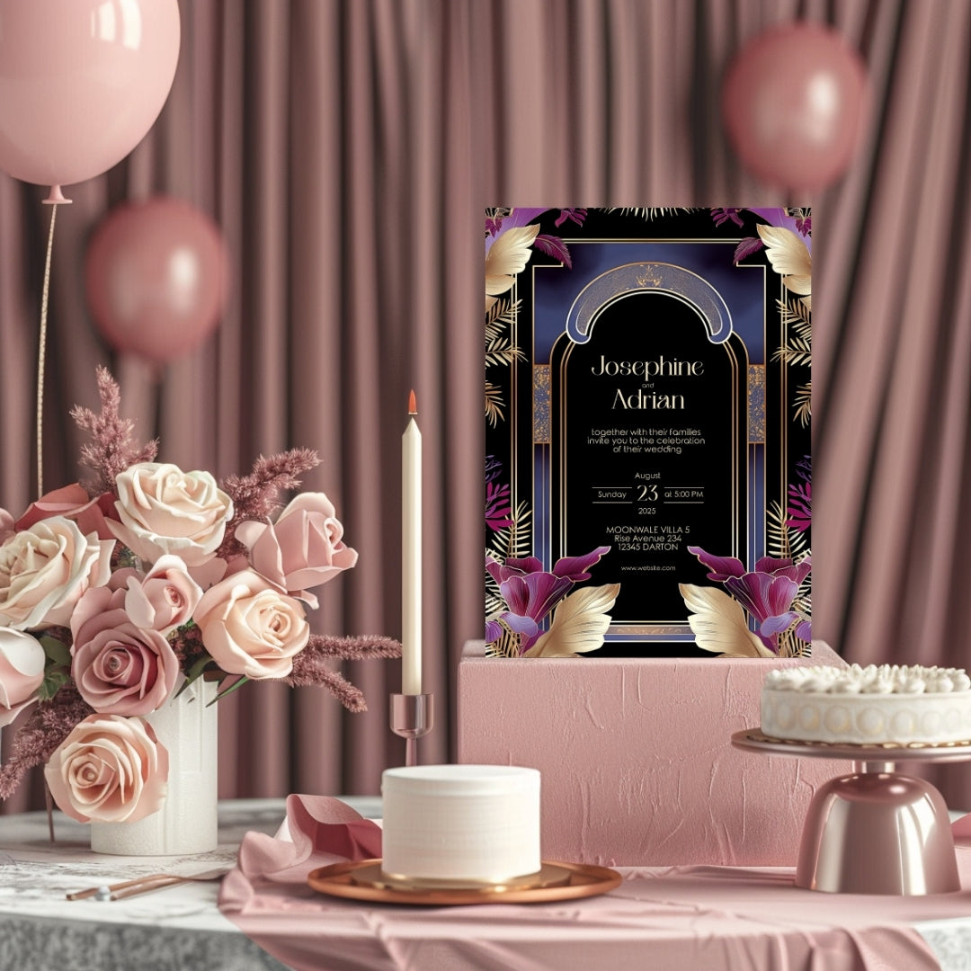 Blue Floral Oriental Arch Art Deco Wedding Invitation