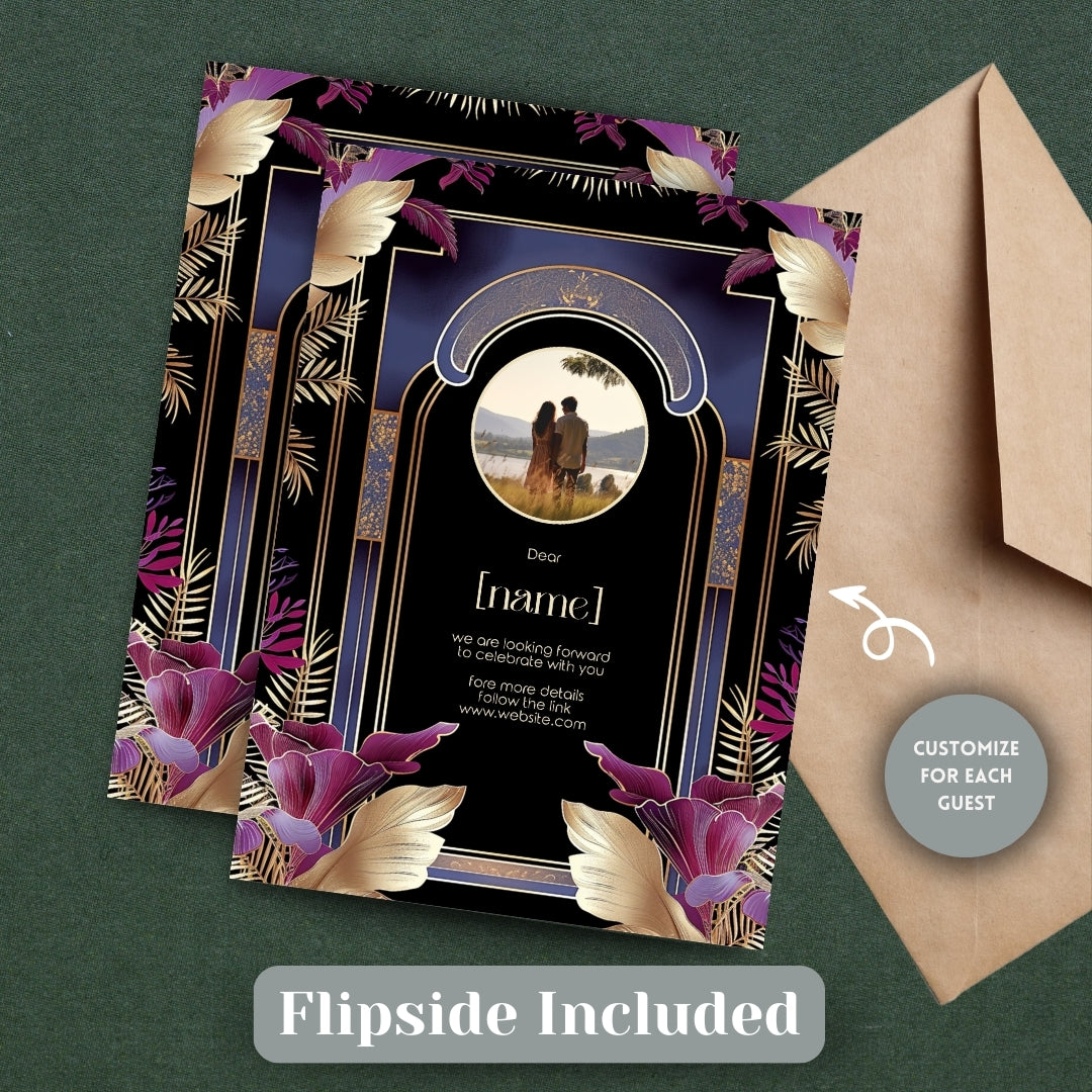 Blue Floral Oriental Arch Art Deco Wedding Invitation
