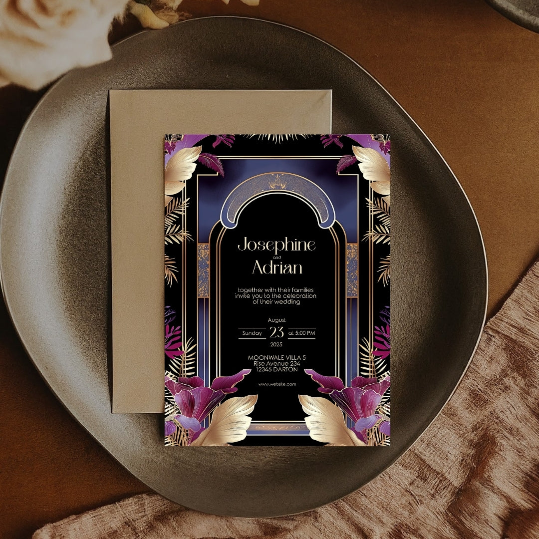 Blue Floral Oriental Arch Art Deco Wedding Invitation