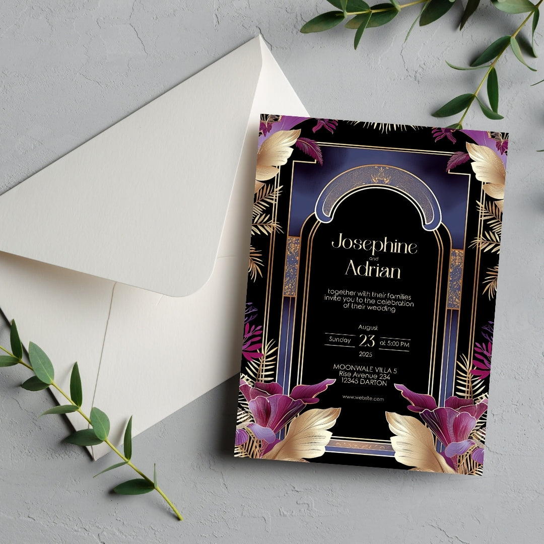 Blue Floral Oriental Arch Art Deco Wedding Invitation