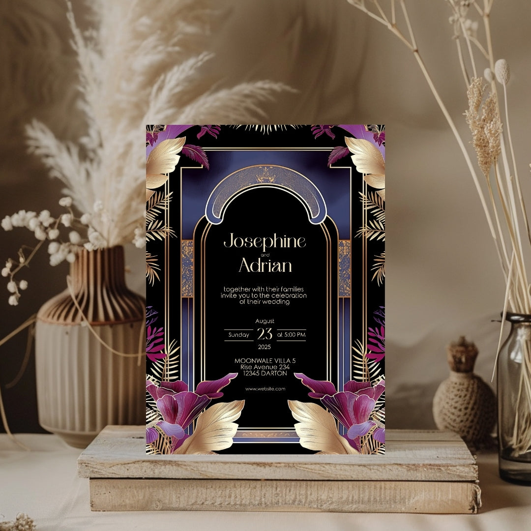 Blue Floral Oriental Arch Art Deco Wedding Invitation