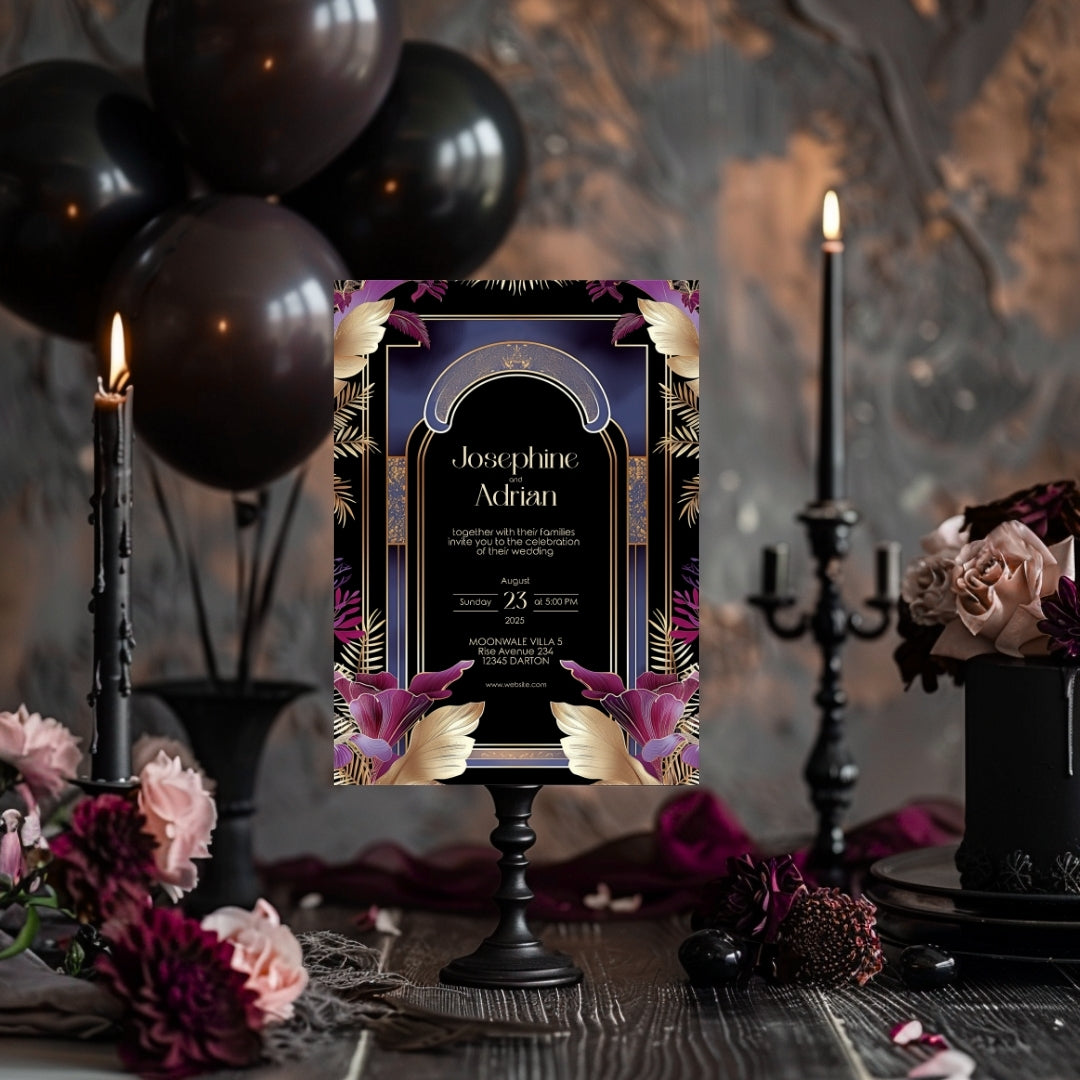 Blue Floral Oriental Arch Art Deco Wedding Invitation