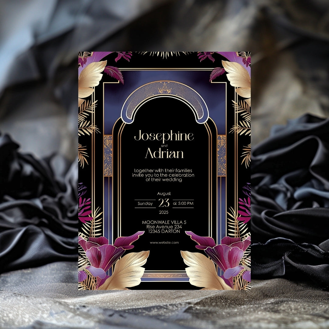 Blue Floral Oriental Arch Art Deco Wedding Invitation