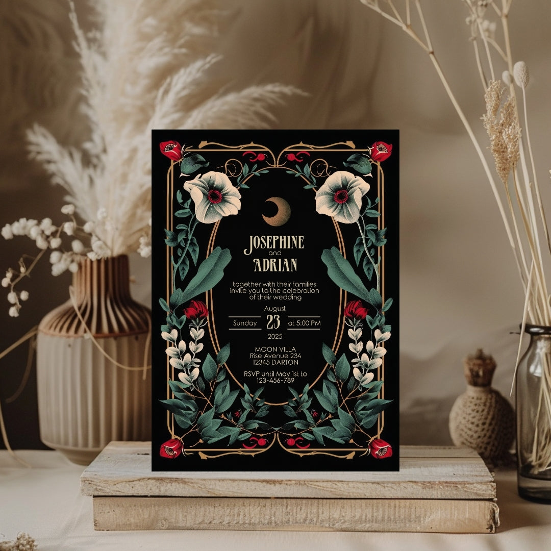 Celestial Gothic Red Floral Wedding Invitation
