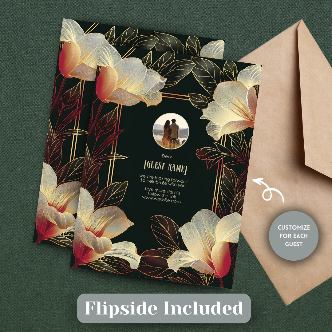 Pink Dark Art Deco Floral Wedding Invitation