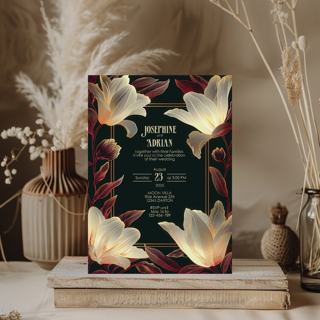 Pink Dark Art Deco Floral Wedding Invitation