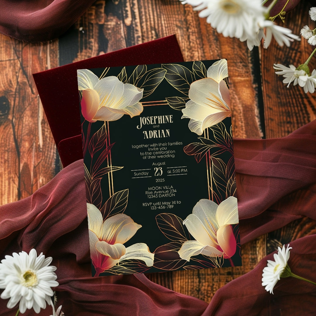 Pink Dark Art Deco Floral Wedding Invitation