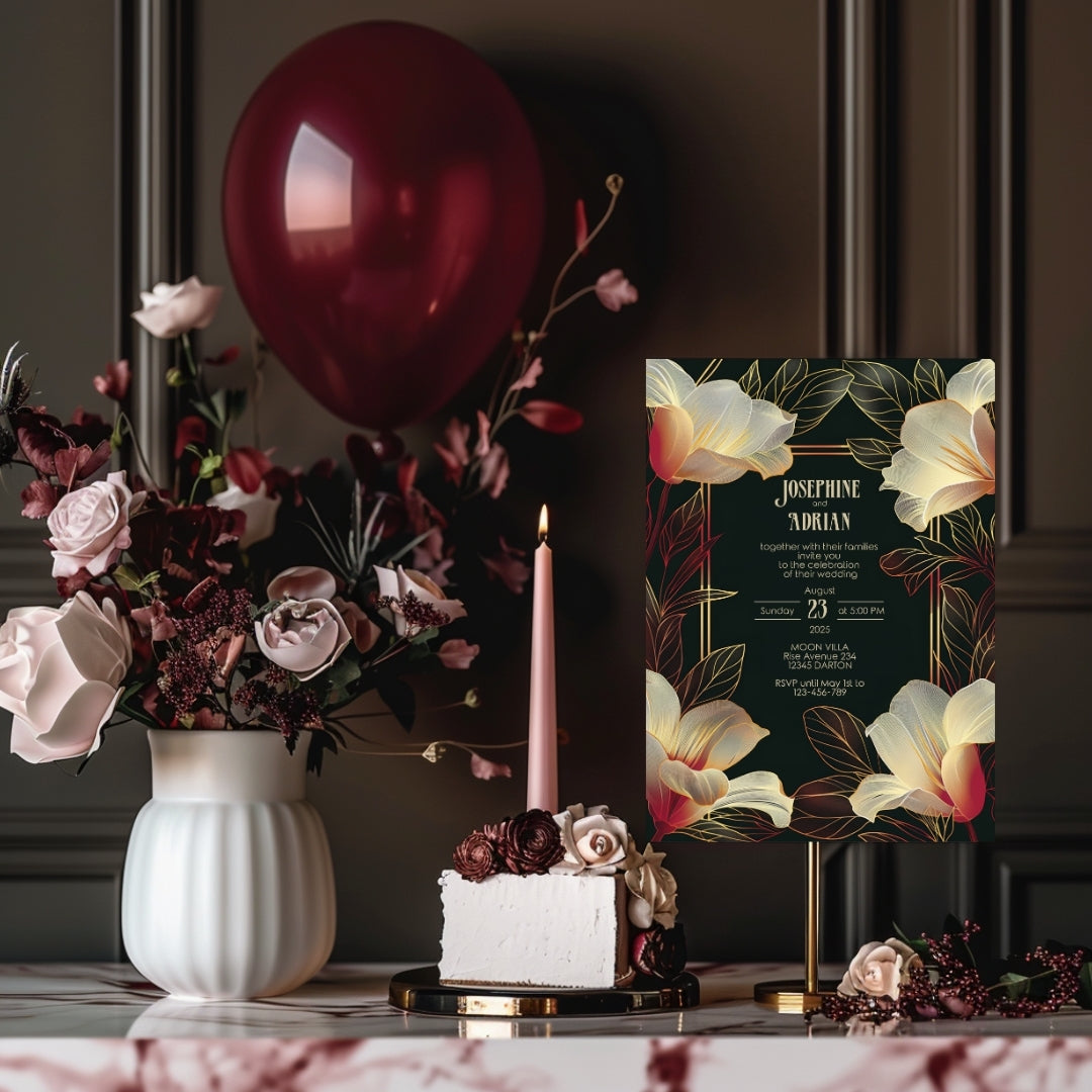 Pink Dark Art Deco Floral Wedding Invitation