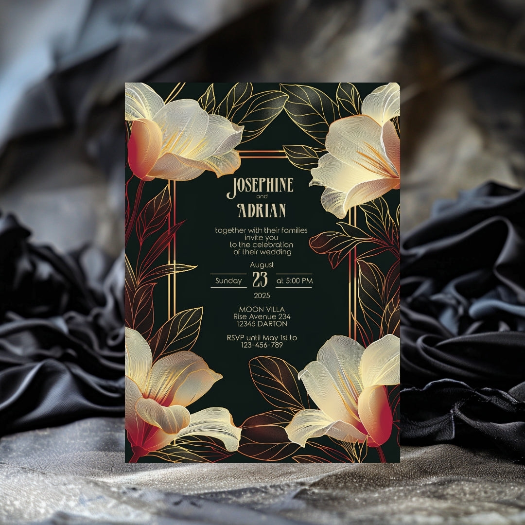 Pink Dark Art Deco Floral Wedding Invitation