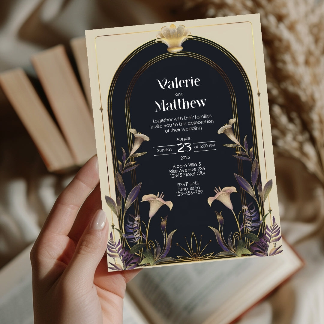 Vintage Floral Art Deco Wedding Invitation