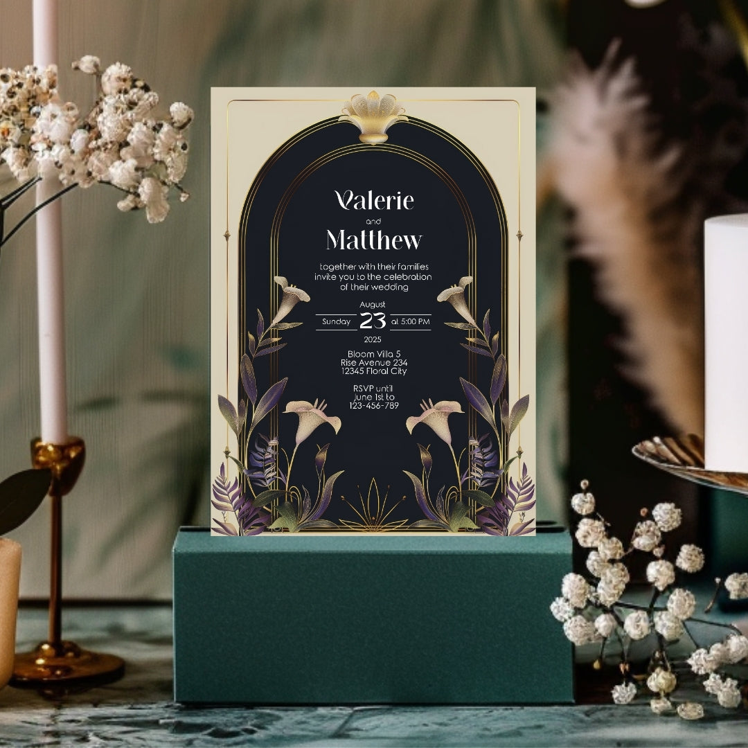 Vintage Floral Art Deco Wedding Invitation