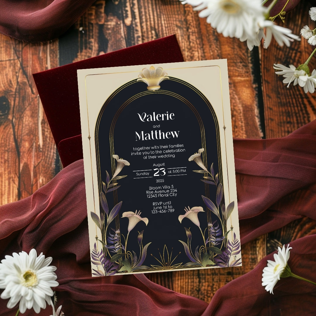 Vintage Floral Art Deco Wedding Invitation
