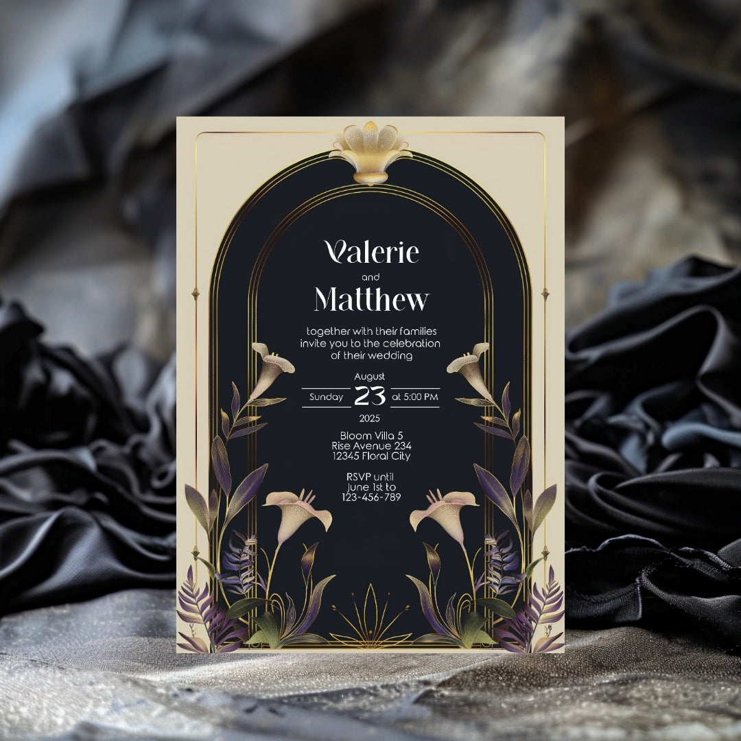 Vintage Floral Art Deco Wedding Invitation