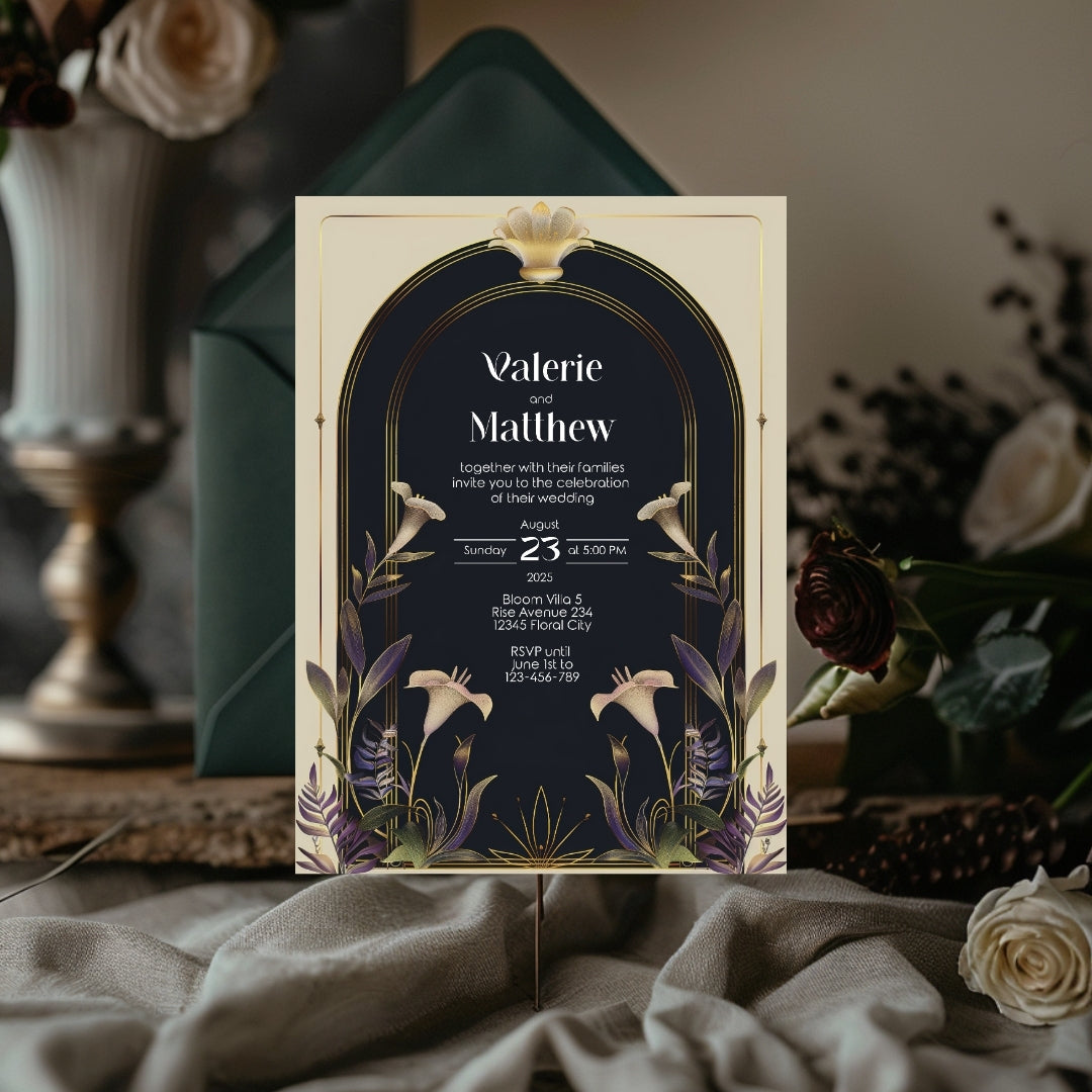 Vintage Floral Art Deco Wedding Invitation