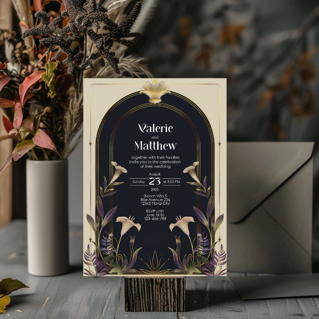 Vintage Floral Art Deco Wedding Invitation