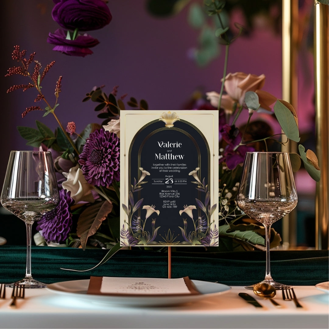 Vintage Floral Art Deco Wedding Invitation