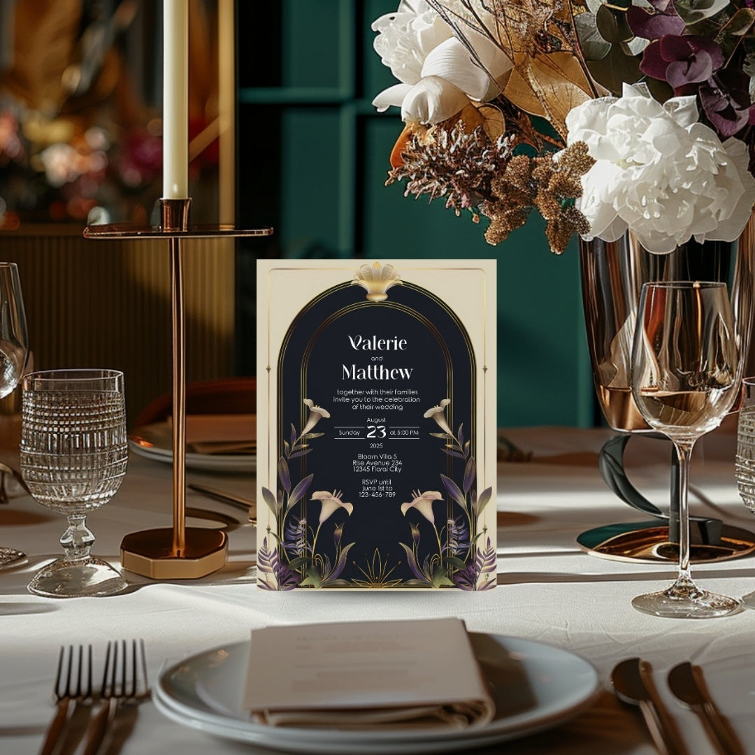 Vintage Floral Art Deco Wedding Invitation
