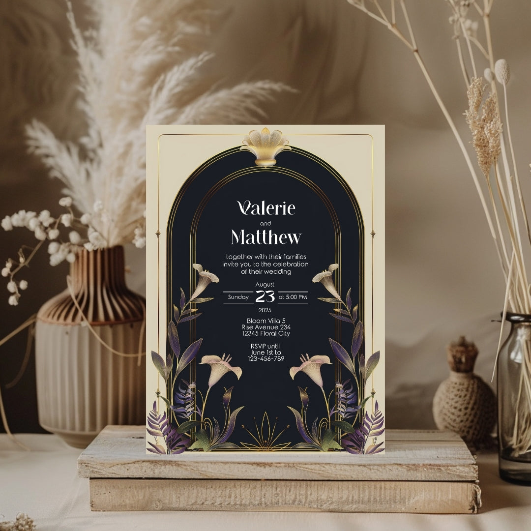 Vintage Floral Art Deco Wedding Invitation