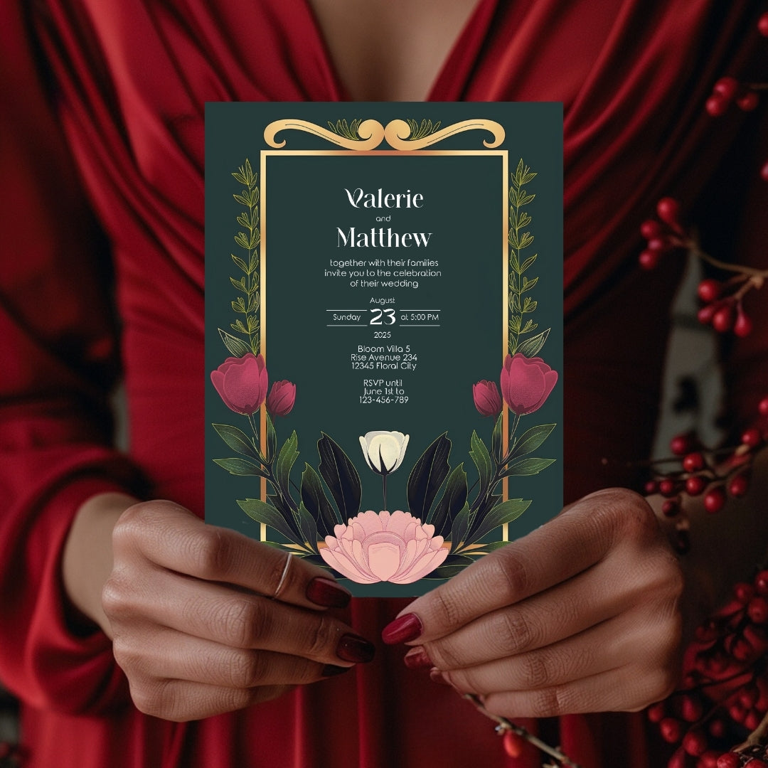 Minimalist Floral Garden Art Deco Wedding Invitation