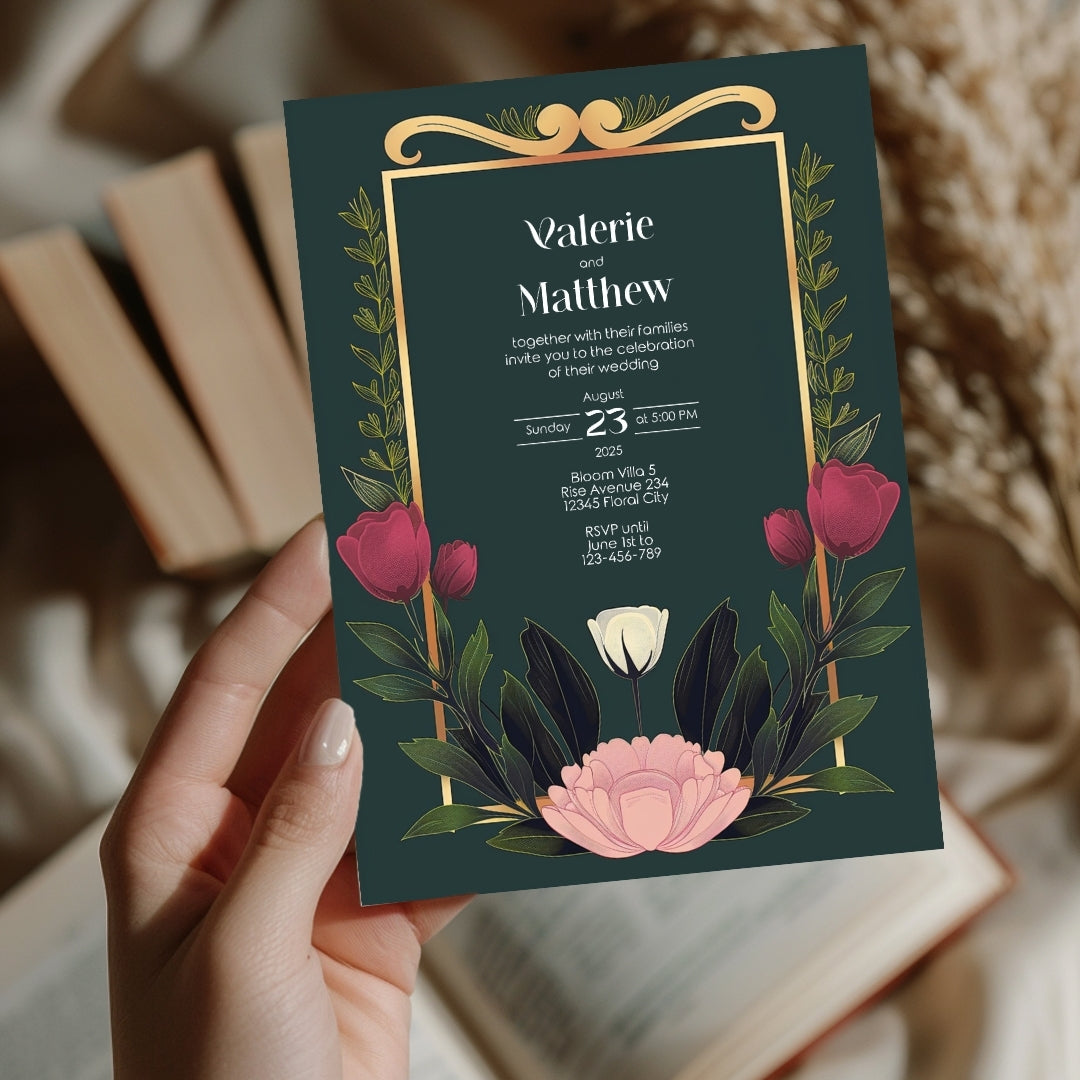 Minimalist Floral Garden Art Deco Wedding Invitation