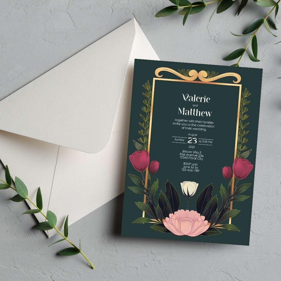 Minimalist Floral Garden Art Deco Wedding Invitation