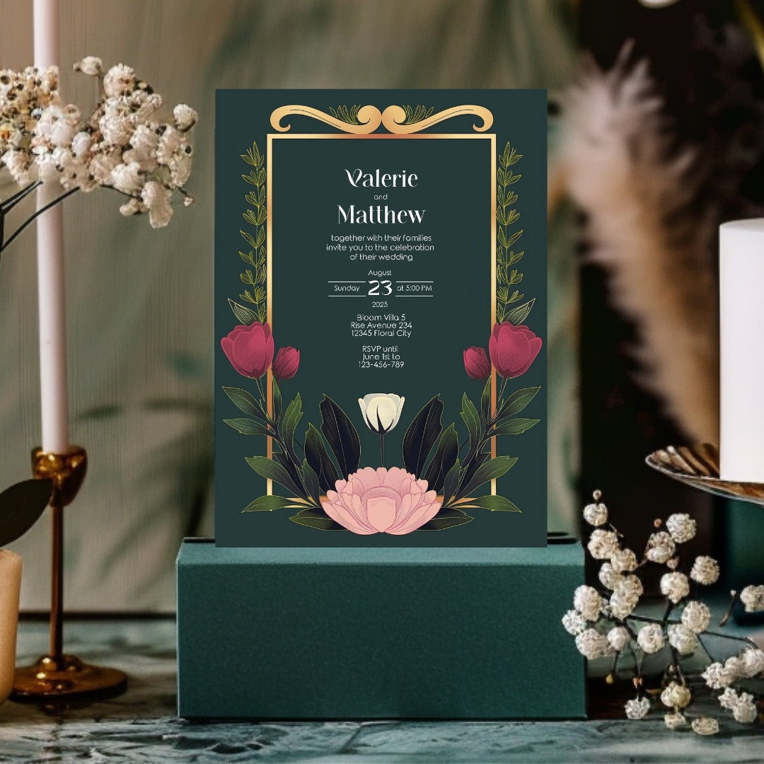 Minimalist Floral Garden Art Deco Wedding Invitation