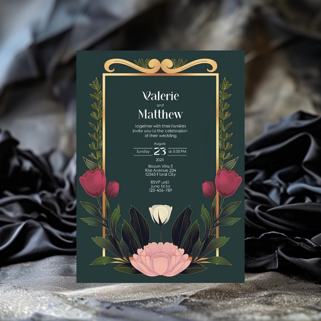 Minimalist Floral Garden Art Deco Wedding Invitation
