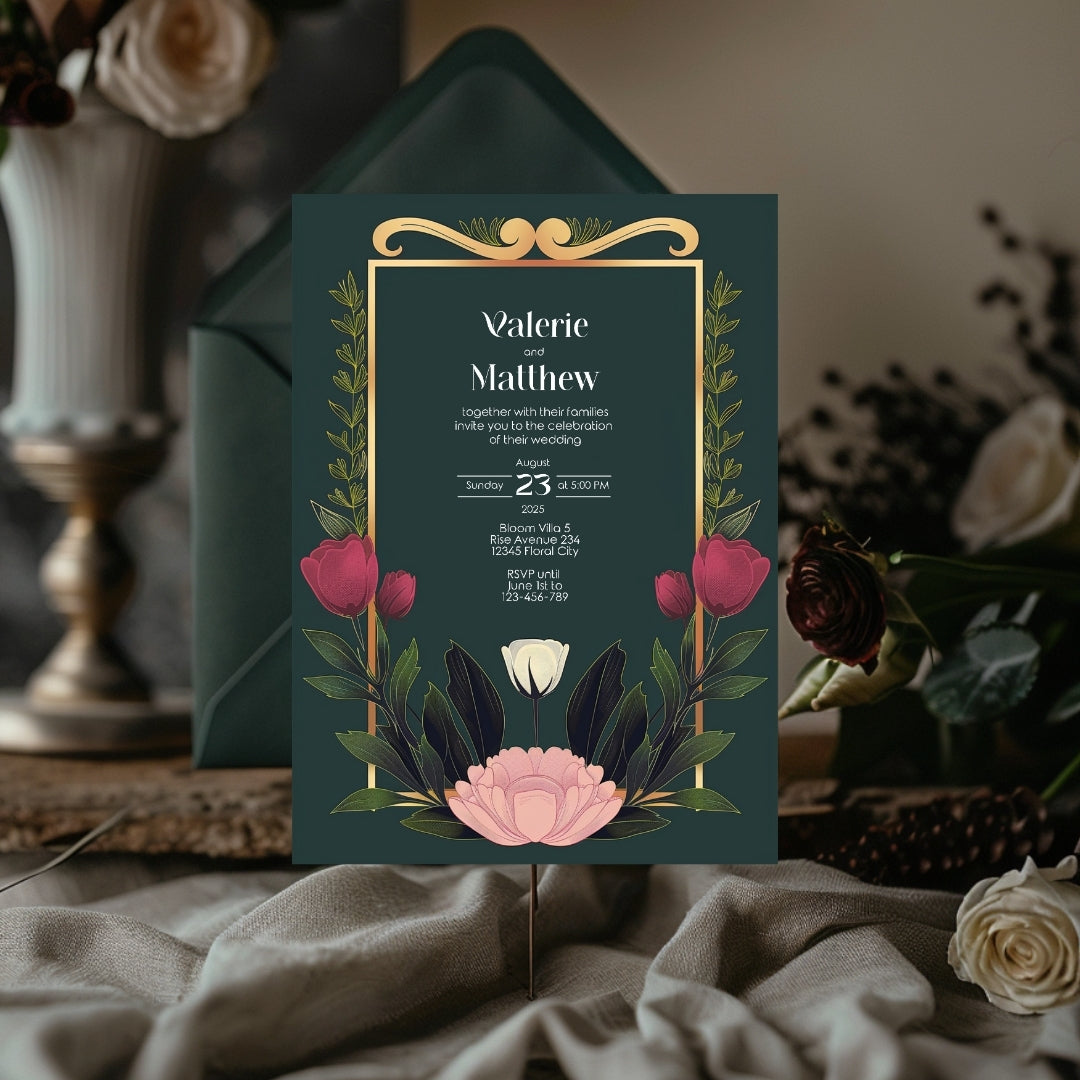 Minimalist Floral Garden Art Deco Wedding Invitation