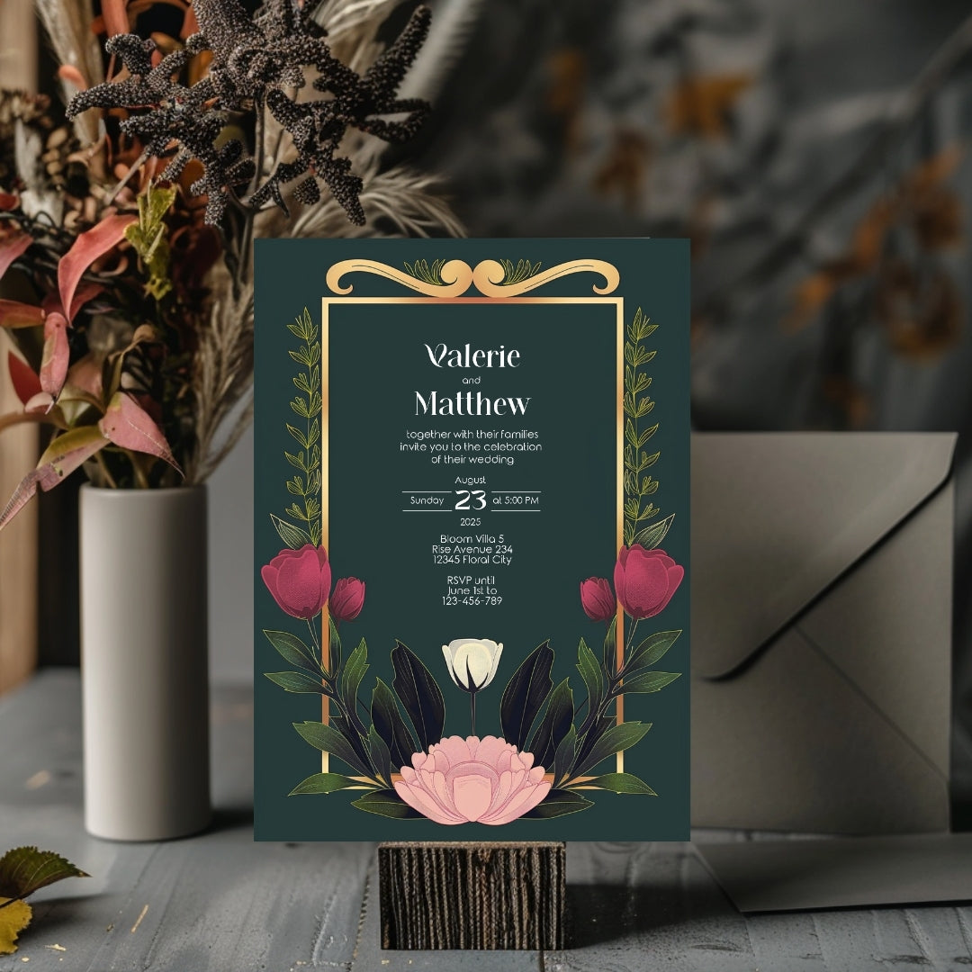 Minimalist Floral Garden Art Deco Wedding Invitation