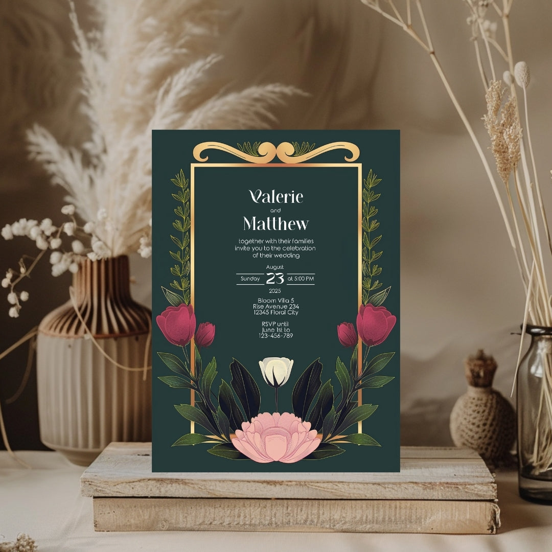 Minimalist Floral Garden Art Deco Wedding Invitation