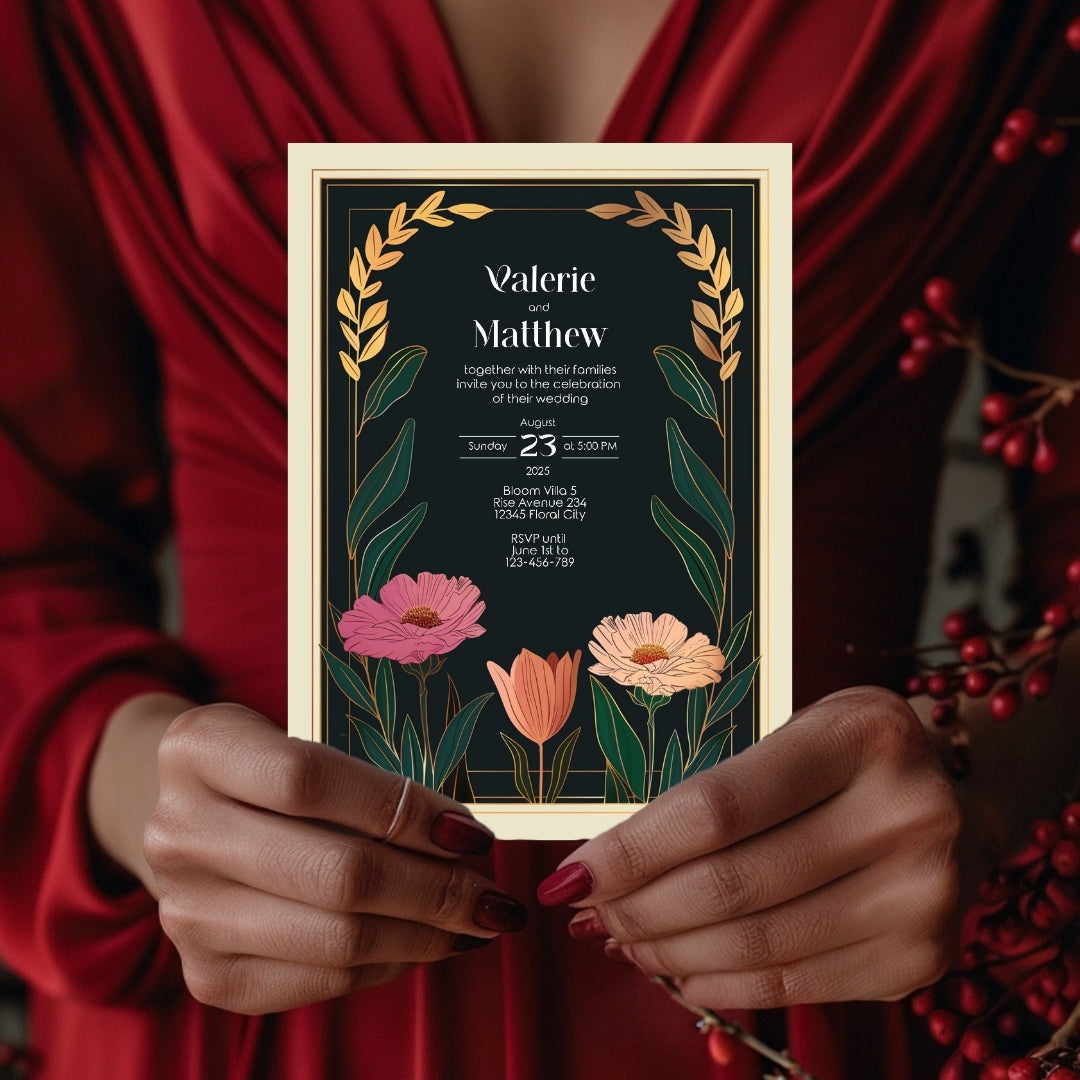 Vintage Minimalist Flower Frame Wedding Invitation