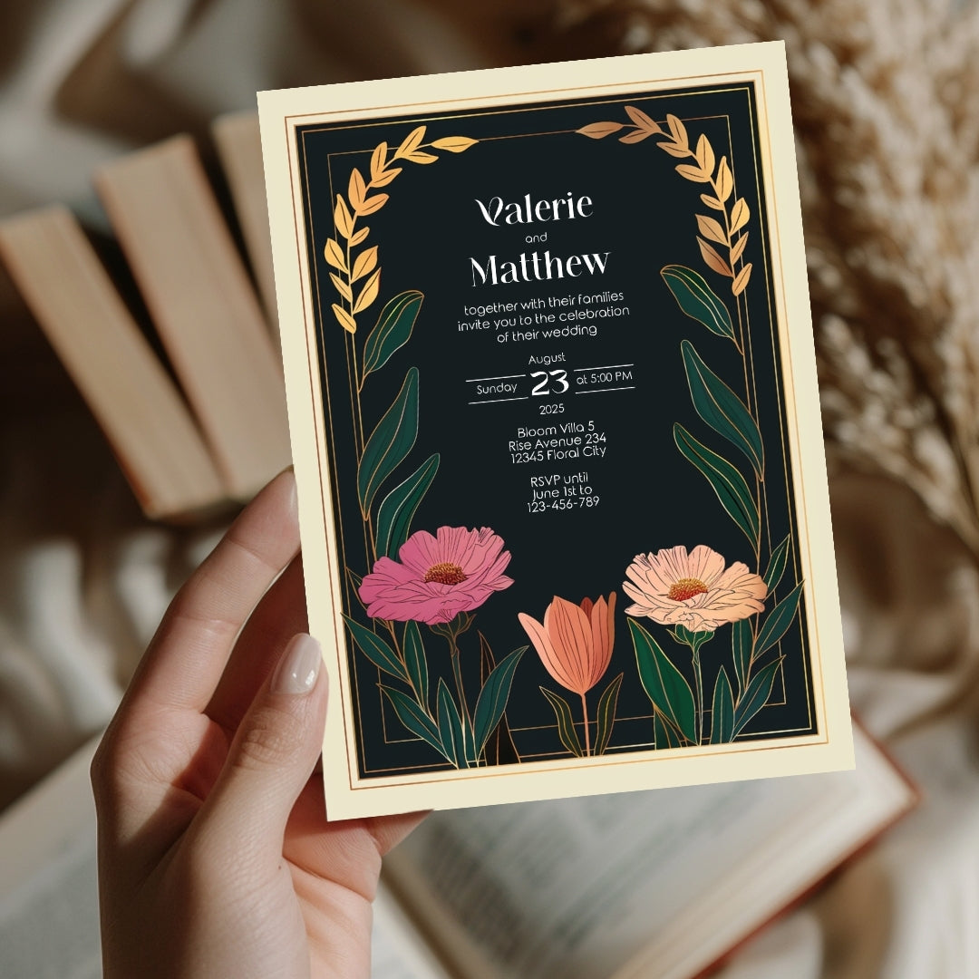 Vintage Minimalist Flower Frame Wedding Invitation