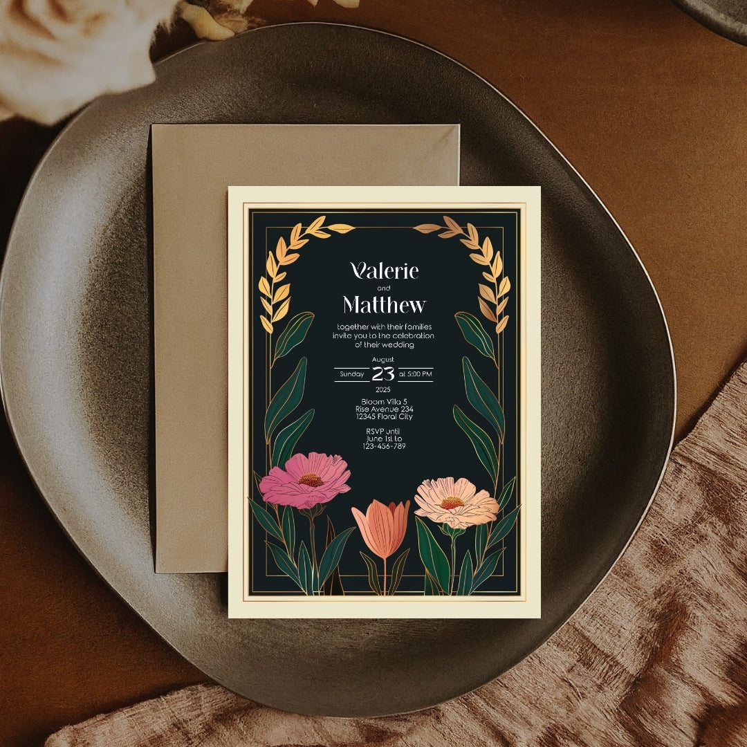 Vintage Minimalist Flower Frame Wedding Invitation