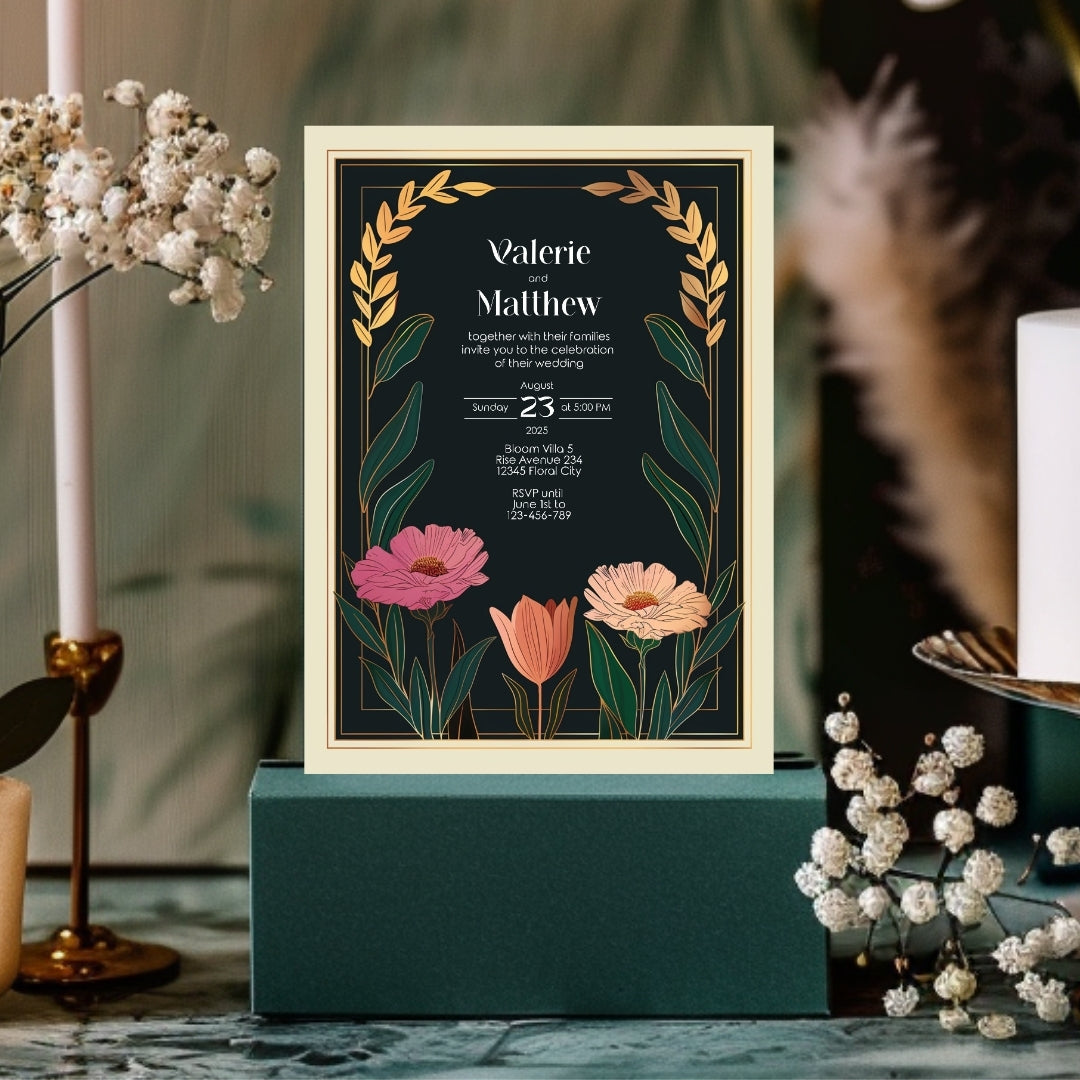 Vintage Minimalist Flower Frame Wedding Invitation