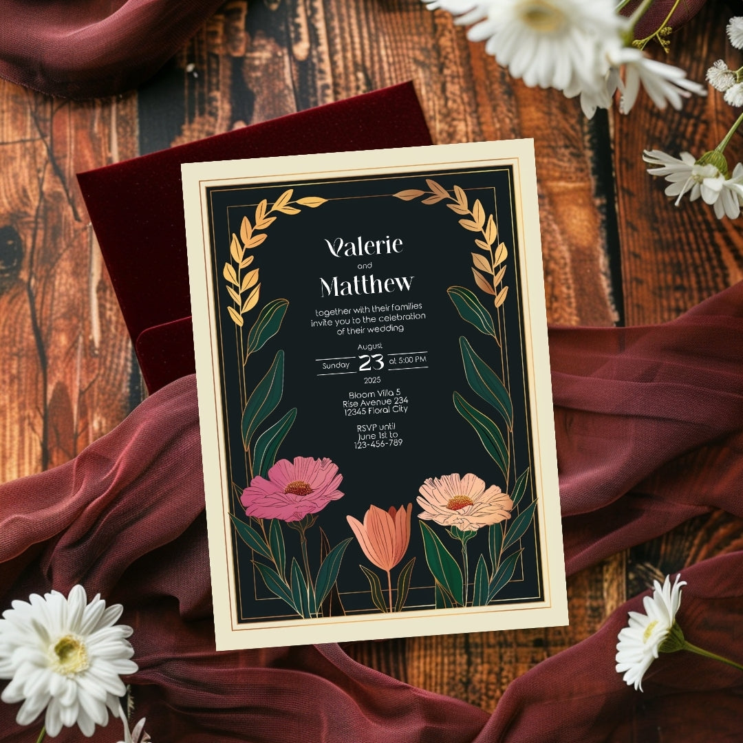 Vintage Minimalist Flower Frame Wedding Invitation