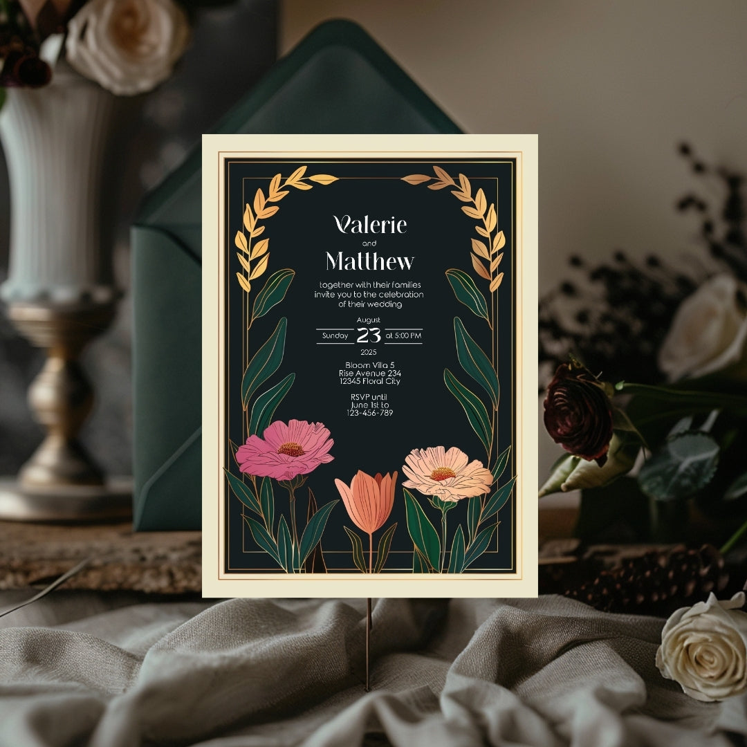 Vintage Minimalist Flower Frame Wedding Invitation