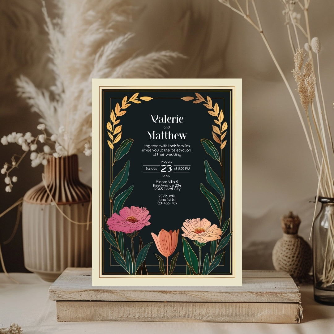 Vintage Minimalist Flower Frame Wedding Invitation