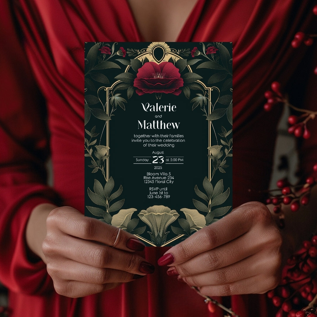 Celestial Red Rose Vintage Garden Wedding Invitation